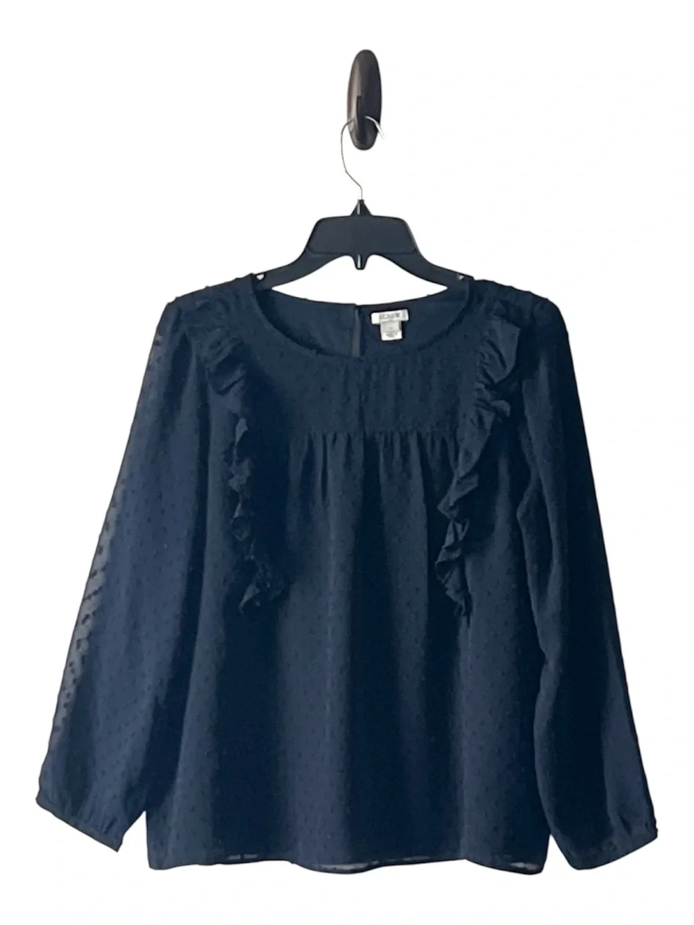 J. Crew Navy Swiss Dot Ruffle‎ Long-Sleeve Blouse, Size 8